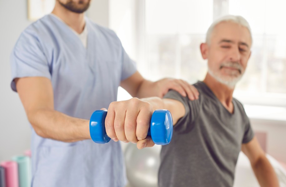Physical therapist guiding patient through exercises at home